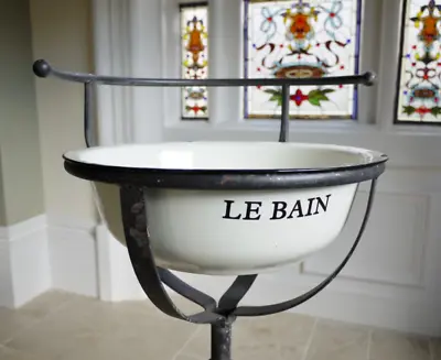 Le Bai Shabby Chic Wash Stand With White Enamel Basin Rustic Wrought Iron Stand • £84.95