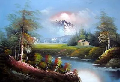 24x36 Pond-Side Cottage Under Snow Mountain Oil Painting Naturalism Landscape • $72