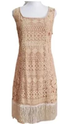 A'reve Embroidery Lace  Cream Blush Sleeveless Fringe Hem Sheath Dress L • $14