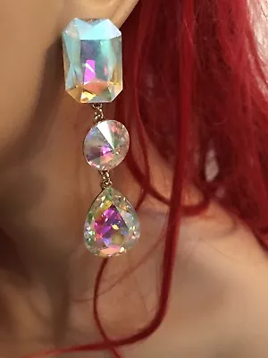 3” Long Bridal Rhinestone Crystal Gold AB Clear Aurora Borealis Earrings • $14