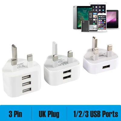 Dual Three Ports USB Charger 3 Pin UK Mains Wall Plug Adapter For Phones Tablets • £4.26