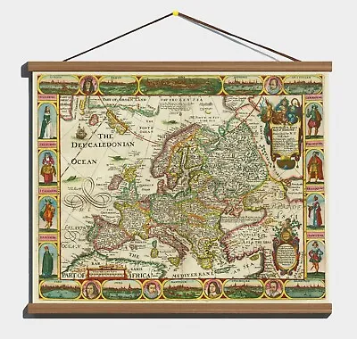 Ancient Antique Early 1658 Decorative Map Of Europe; Cotton Canvas Wooden Hanger • £28.86