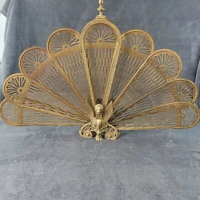 Vtg Brass Plated Fireplace Screen Peacock Fan Folding Griffin Gargoyle • $149.99