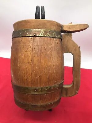 Vintage Wooden Barrel Cup With Lid Brass Straps Primitive Carved Beer Mug Handle • $16