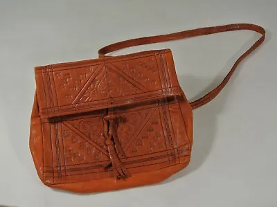 Vtg Leather Crossbody Shoulder Handbag Moroccan Indian Stamped Orange Embossed • $24.99