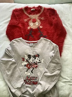 Next Girls Christmas Jumpers Red Grey Minnie Mouse Sweatshirt 11-12 Years VGC • £3