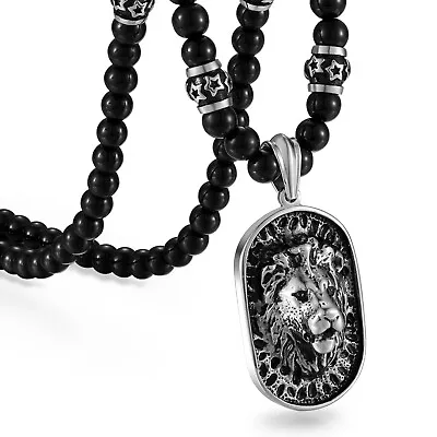 Men's Stainless Steel Lion Head Dog Tag Pendant Necklace With Onyx Beads Chain • $24.48