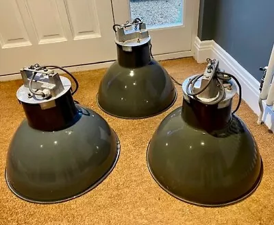 3 Large Metal Grey And White Vintage Industrial Light Shades • £50