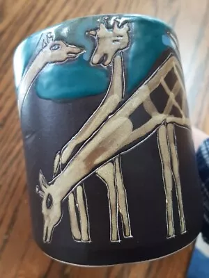 Designs By Mara Mexico Studio Art Pottery Coffee Mug Cup GIRAFFE FAMILY Teal/Brn • $22