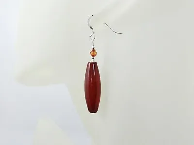 Long Very Dark Orange Red Agate Sterling Silver Earrings With Swarovski Crystals • £13.75