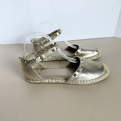 Marc Fisher Shoes Metallic Flats Espadrilles Ankle Studded Strap Gold Size 8M • $20.40