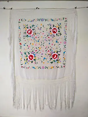 Vintage Silk Fringed Piano Shawl Embroidery Item616 • $175