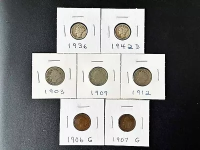 Early Date 7 Coin Lot: Mercury Dimes Liberty V Nickels & Indian Head Pennies • $11.95