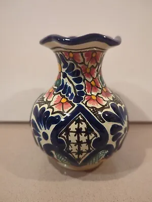 Talavera Hand Painted Mexican Folk Art Pottery Vase W/ Ruffled  Edge 5  Tall • $9.95