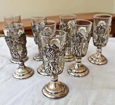 Set 8 MID-CENTURY STERLING SILVER PIERCED CORDIALS Glass Liners Mexico GORGEOUS • $149.95