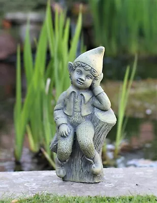 Garden Ornament Sitting Garden Boy On Log Fairy Solid Stone Sculpture In Outdoor • £11.85