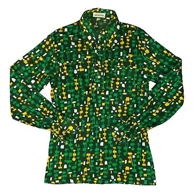 VTG 70s BIG COLLAR MENS POLY SMOCK SHIRT GEOMETRIC PSYCHEDELIC PRINT 36” (34) XS • £40