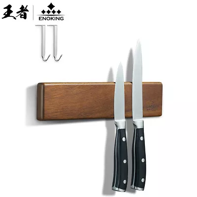 ENOKING Magnetic Knife Strip Acacia Wood Holder Rack Magnet Bar W/ 2 Hooks  10'' • $19.99