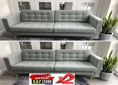 RRP:£1300 2x IKEA LANDSKRONA GUNNARED LIGHT GREEN THREE SEAT MATCHING SOFA SUITE • £649