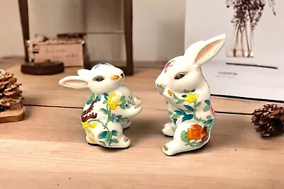 Majolica Bunny Rabbit Figurines Easter Multicolor Floral Set Of (2) • $14.99