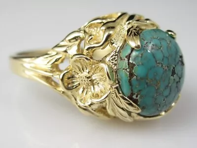 Turquoise Ring Flower Setting 14K Yellow Gold Retro Estate Vintage Fine Jewelry • $750