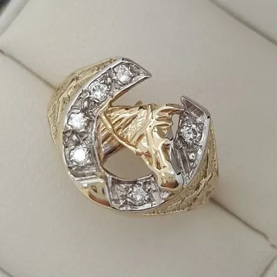 9ct Yellow Gold CZ Set Horseshoe Shaped Signet Ring Finger Size P • £225