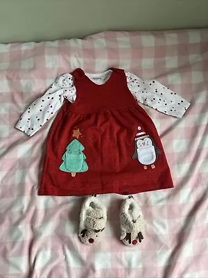 Baby Girl Christmas Outfit With Christmas Slippers Size 6-9 Months Worn Once  • £4.50