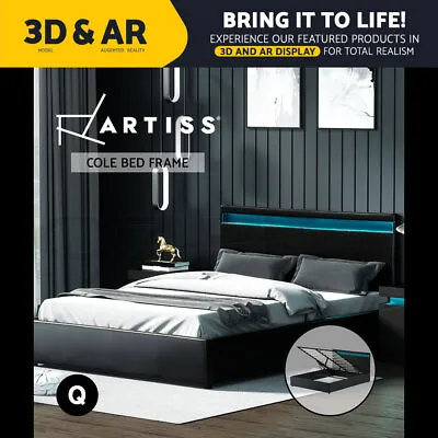 Artiss Bed Frame Queen Size RGB LED Gas Lift Storage Mattress Base Black COLE • $319.95