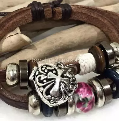 $15.95 • Buy Aromatherapy Diffuser Heart Cross Charm Bracelet Leather Essential Oil Lava 