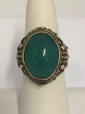 Vintage Jade Jadeite And Enamel Adjustable Ring Sterling Silver • $95