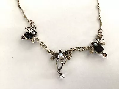 Vintage Mary Demarco Victorian Revival Bees Necklace Black Glass Hand Clasp • $32