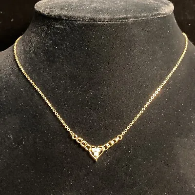 Vtg Costume Jewelry Gold Tone Chain Necklace Choker 18” V-Shaped Pendant Heart  • $12.50