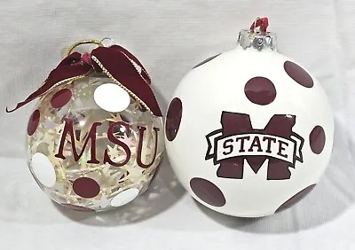 Lot Of 2 Mississippi State Round Polka Dot Christmas Ornaments MSU T Cabells Too • $24.95