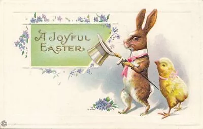 Joyful Easter Greetings Dressed Rabbit Top Hat With Chick Pm 1916 - Stecher Lith • $2.49