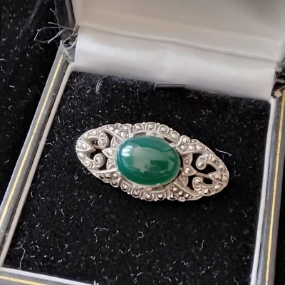 £12.95 • Buy Vintage Art Deco Style Silver/ Chrysoprase/Marcasite Brooch  