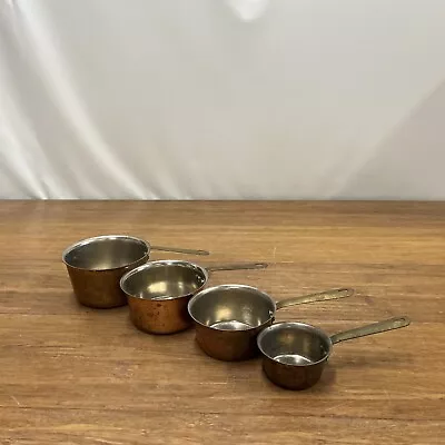 Vintage French? Copper Saucepan Set 4 Lined Bronze Handles Gift 2 4 6 8oz Farm • $94.89