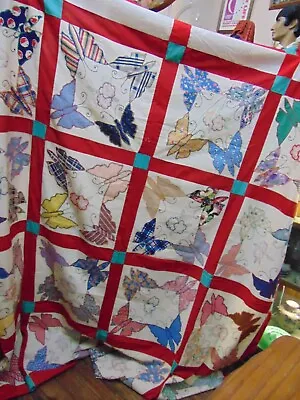 VINTAGE BUTTERFLY PATTERN QUILT TOP- 76 By 84 - APPLIQUE & EMBROIDED-OUTSTANDING • $87.50