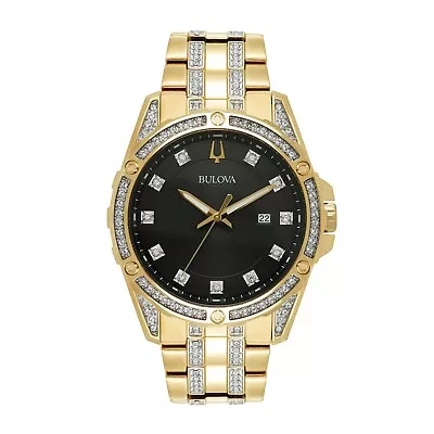 Bulova Men's Quartz Swarovski Crystals Accents Gold Calendar Watch 42mm 98K107 • $259.99