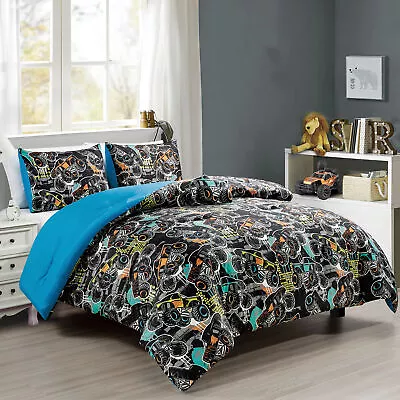 Blue Black Green Kids Bedding Monster Truck Racing Comforter Set W/ Truck Pillow • $49.99