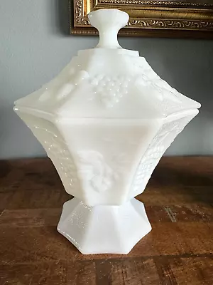 Vintage Anchor Hocking White Milk Glass Footed Lidded Candy Dish Bowl Compote • $14.99
