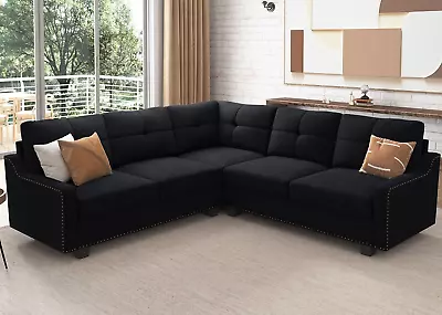 Black Velvet L-Shaped Convertible Sectional Sofa - Reversible 4-Seat • $948.95