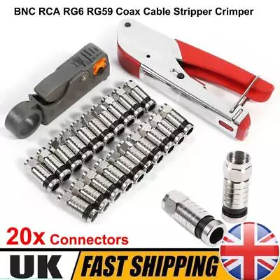 F-Type Compression Crimper Hand Tool Rotary Coaxial Cable Cutter +20X Connectors • £12.89