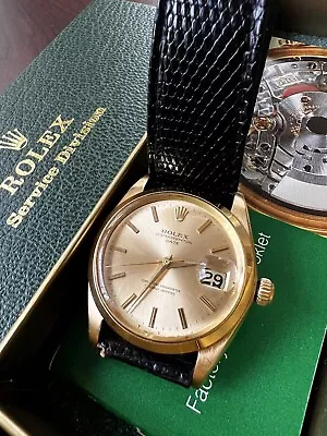 Rolex Oyster Perpetual Date 18K Yellow Gold Watch Golden Sunburst Dial Rare 1500 • $4800