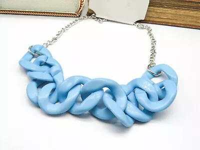 Chunky Silver Tone Blue Chain Link Necklace Q47 • $14.44
