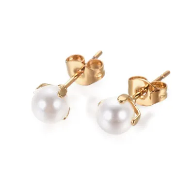 Stainless Steel Stud Earrings White Pearl Bead Earrings Back Gold 17x5mm A166 • $8.99