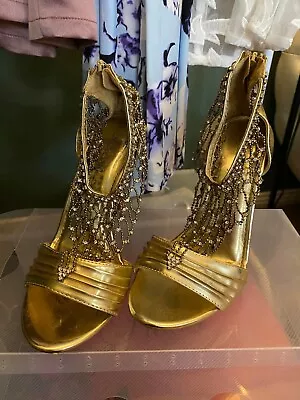 Women's Well Worn Size 7 Gold Heels Open Toe Stiletto Diamantes • $30