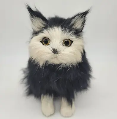 Y.  Vintage Real Fur Cat Black & White Sitting Figure VGUC • $16.99