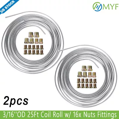 2x Zinc Steel Brake Line Tubing Kit 3/16''OD 25Ft Coil Roll W/ 16x Nuts Fittings • $24.99