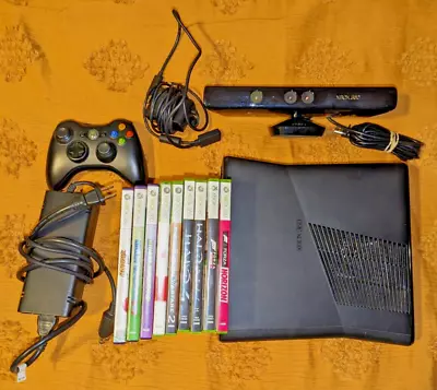 Microsoft Xbox 360 S 250gb LOT With 9 Games Controller And Kinect - TESTED - • $145