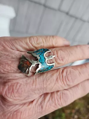 Vintage Native American Sterling Turquoise Coral Inlay Thunderbird Ring SZ 6.5 • $19.99